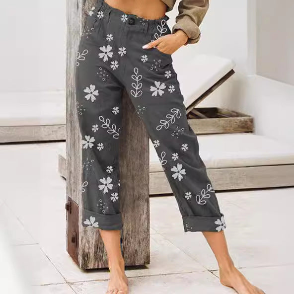 Pantalons cargo pour femmes avec motif floral et taille élastique Levoire