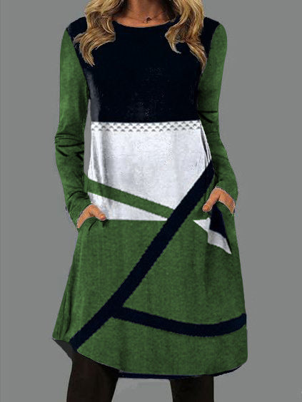 Levoire | Trendik Imprimé Col Ronde Longue Manche Tissu Poche Robe Vert