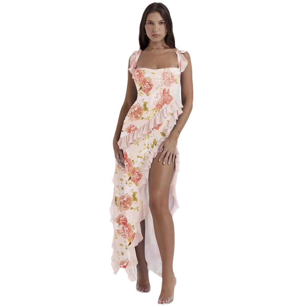 Robe asymétrique élégante pour femmes avec détails en volants et motif floral Levoire