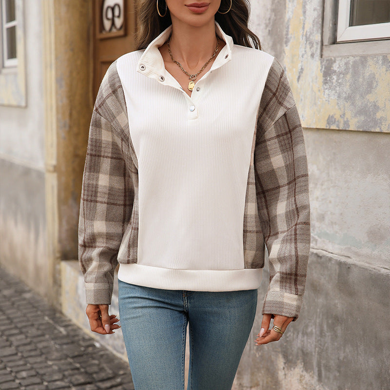 Sweat-shirt féminin à la mode avec motif à carreaux et détails de boutons Levoire