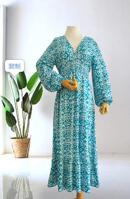 Levoire | Floralsi Robe Grande Taille Dos V Pêche Dress Järvinsininen chemise à manches longues