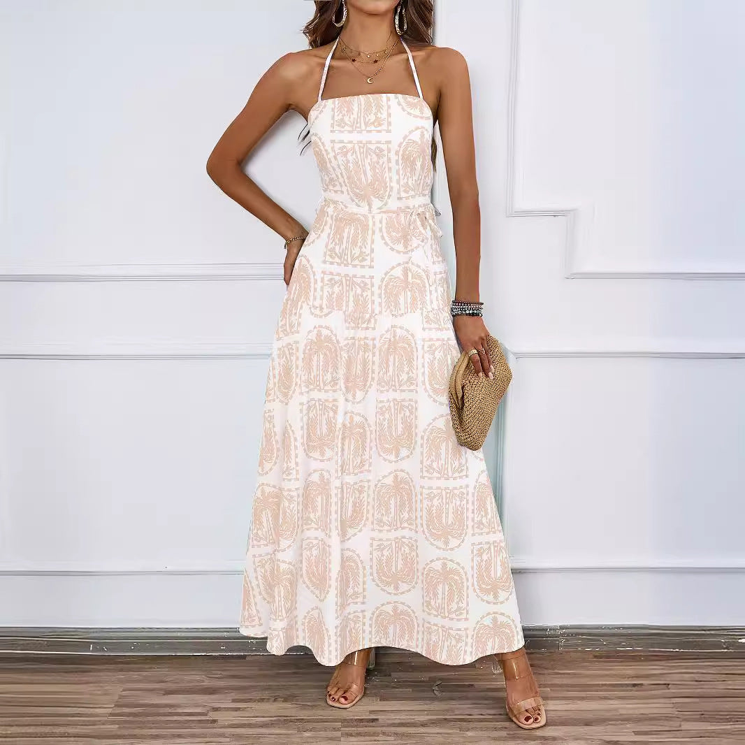 Robe maxi femme avec imprimé graphique fin et col halter ajustable Levoire