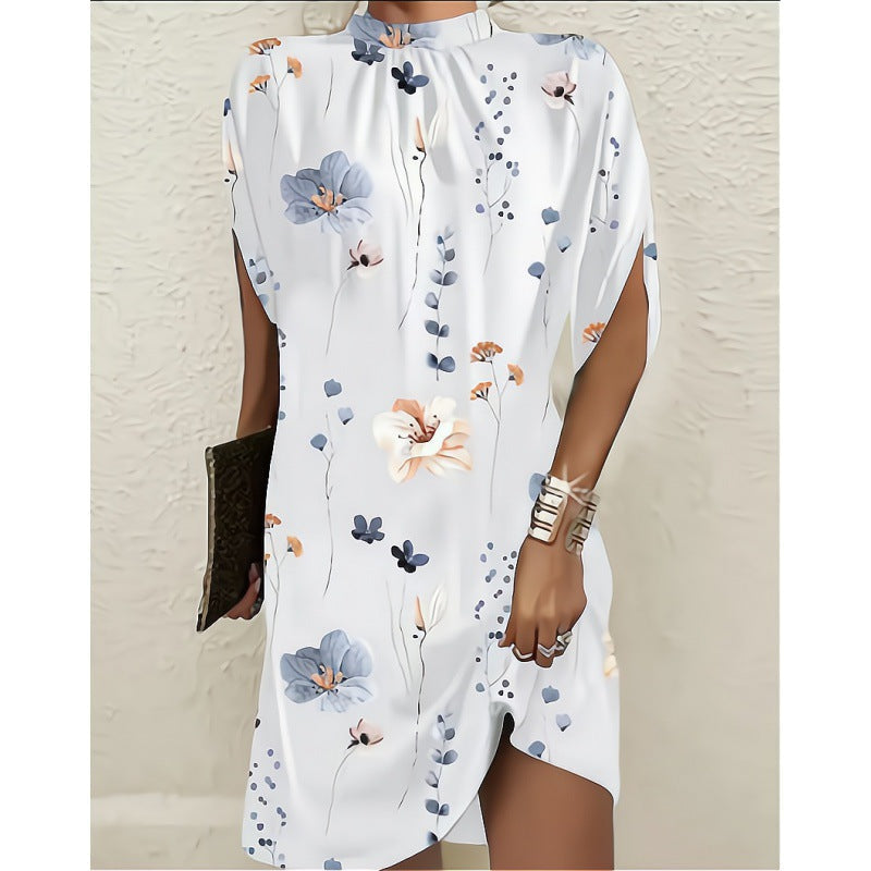 Levoire | Chic Fashion Robe à col rond à manches chauve-souris fleur blanche