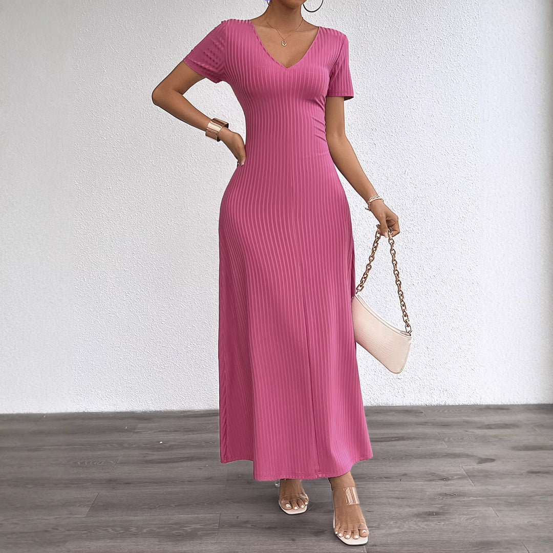 Robe maxi à manches longues pour femmes avec col en V élégant et texture côtelée Levoire