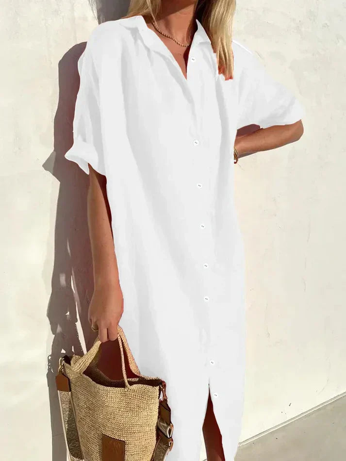 Levoire | Robe Élégante Et Décontractée Pour Femmes Avec Des Manches Larges Et Des Boutons Robe En Coton Et Lin Blanc