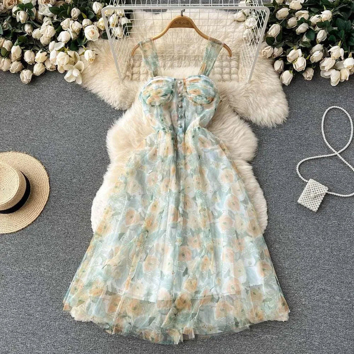 Levoire | Robe à fleurs française G jaune sur fond vert Taille libre