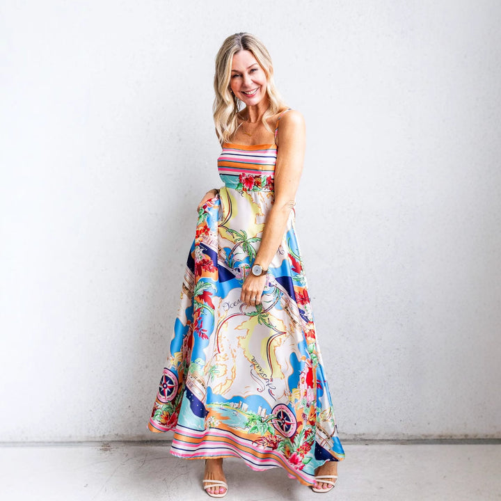 Robe maxi femme avec imprimé coloré et bretelles spaghetti Levoire