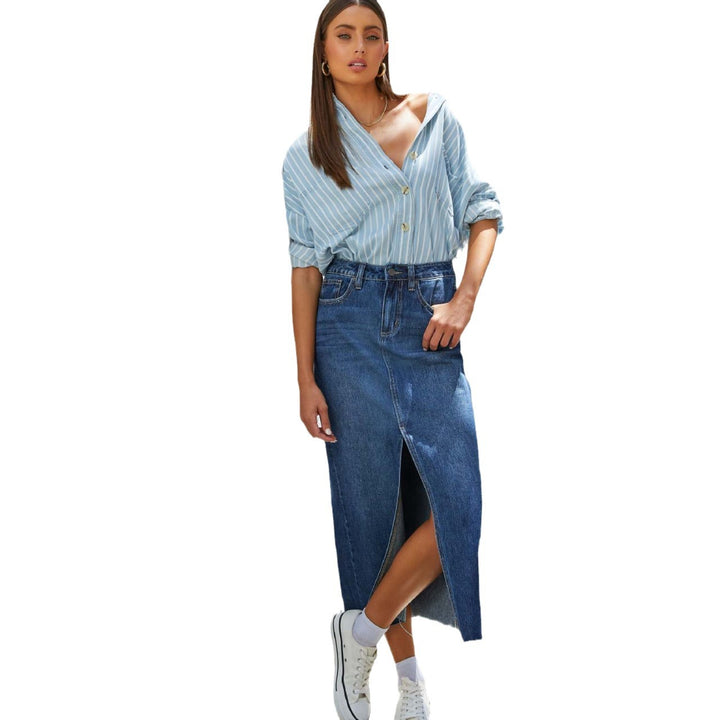 Robe crayon pour femmes à taille haute en denim avec fente latérale Levoire