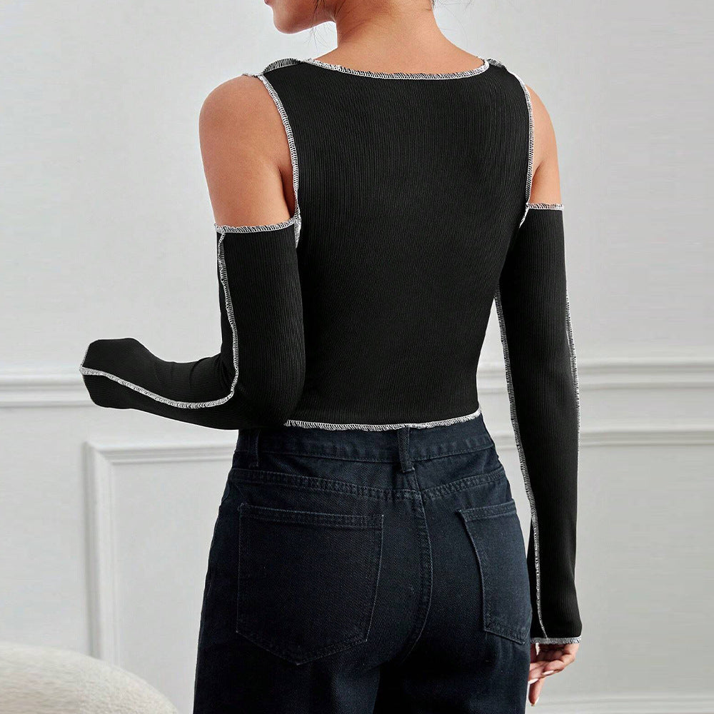 T-shirt crop à manches longues pour femmes avec des détails découpés et un contraste à la mode Levoire