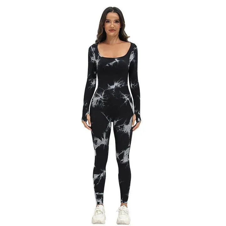 Levoire | Pantalons de yoga de sport sans couture avec des manches longues et un encolure carrée en design batik Ruban noir Float