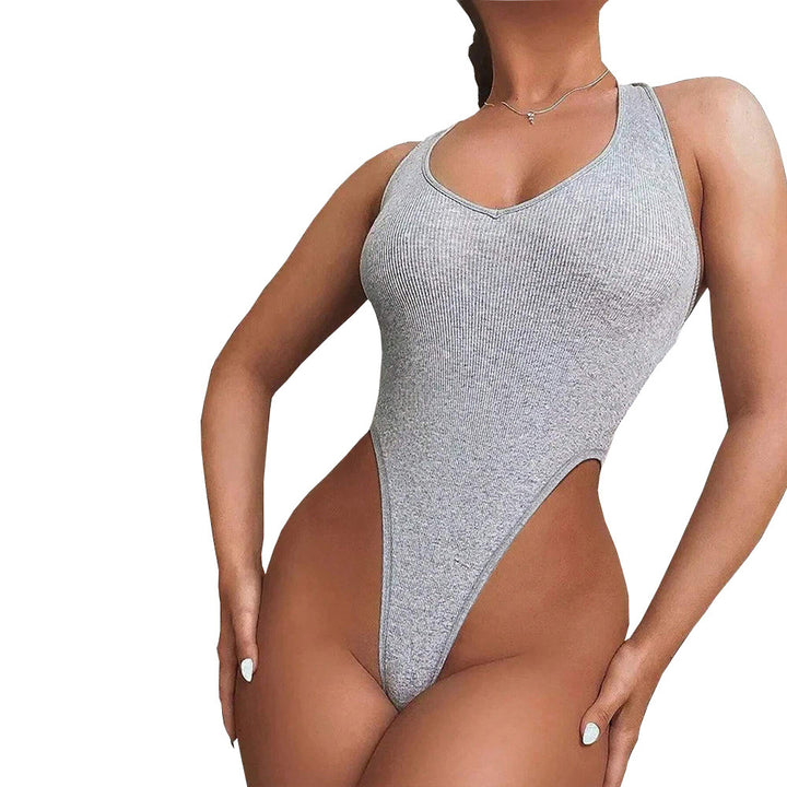 Maillot de bain pour femmes à taille haute avec décolleté plongeant et design à nervures tendance Levoire
