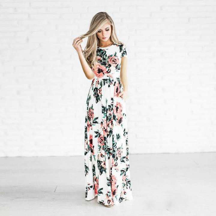 Levoire | Robe à fleurs Robe longue Robe à fleurs Jupe large Robe Chemise blanche à manches courtes