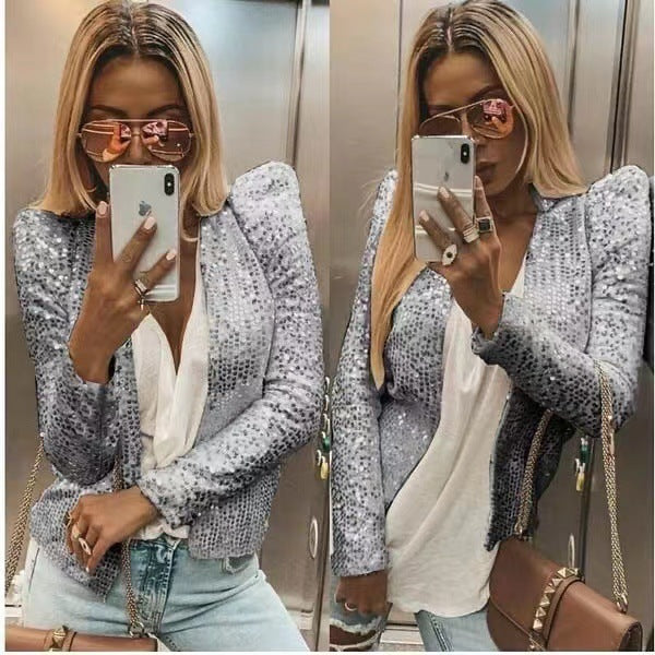 Levoire | Trendik couleur estompée Paillette Veste courte de loisirs Gris