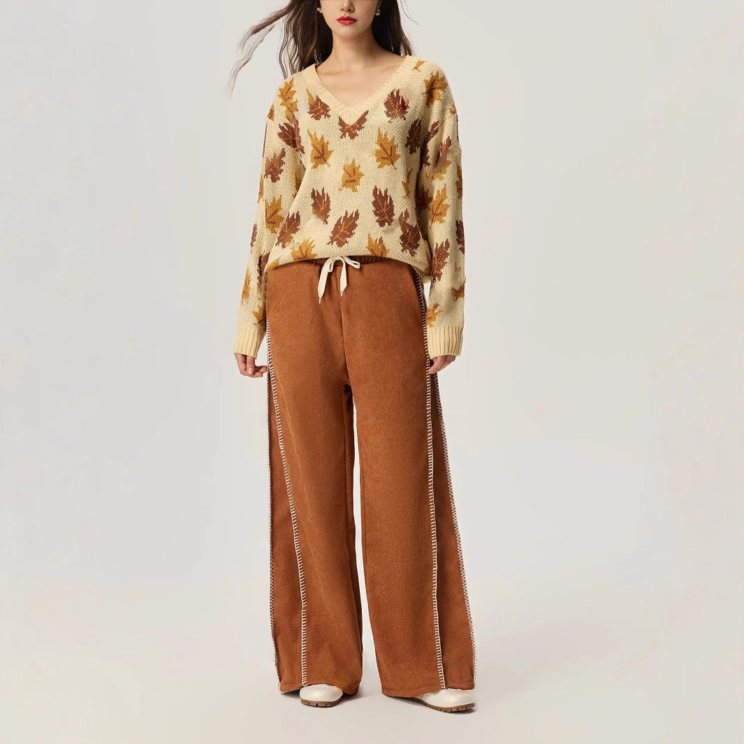 Pantalons décontractés à coupe large pour femmes en velours doux avec une taille élastique et un cordon décoratif Levoire