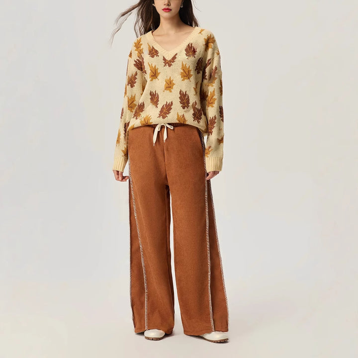 Pantalons décontractés à coupe large pour femmes en velours doux avec une taille élastique et un cordon décoratif Levoire