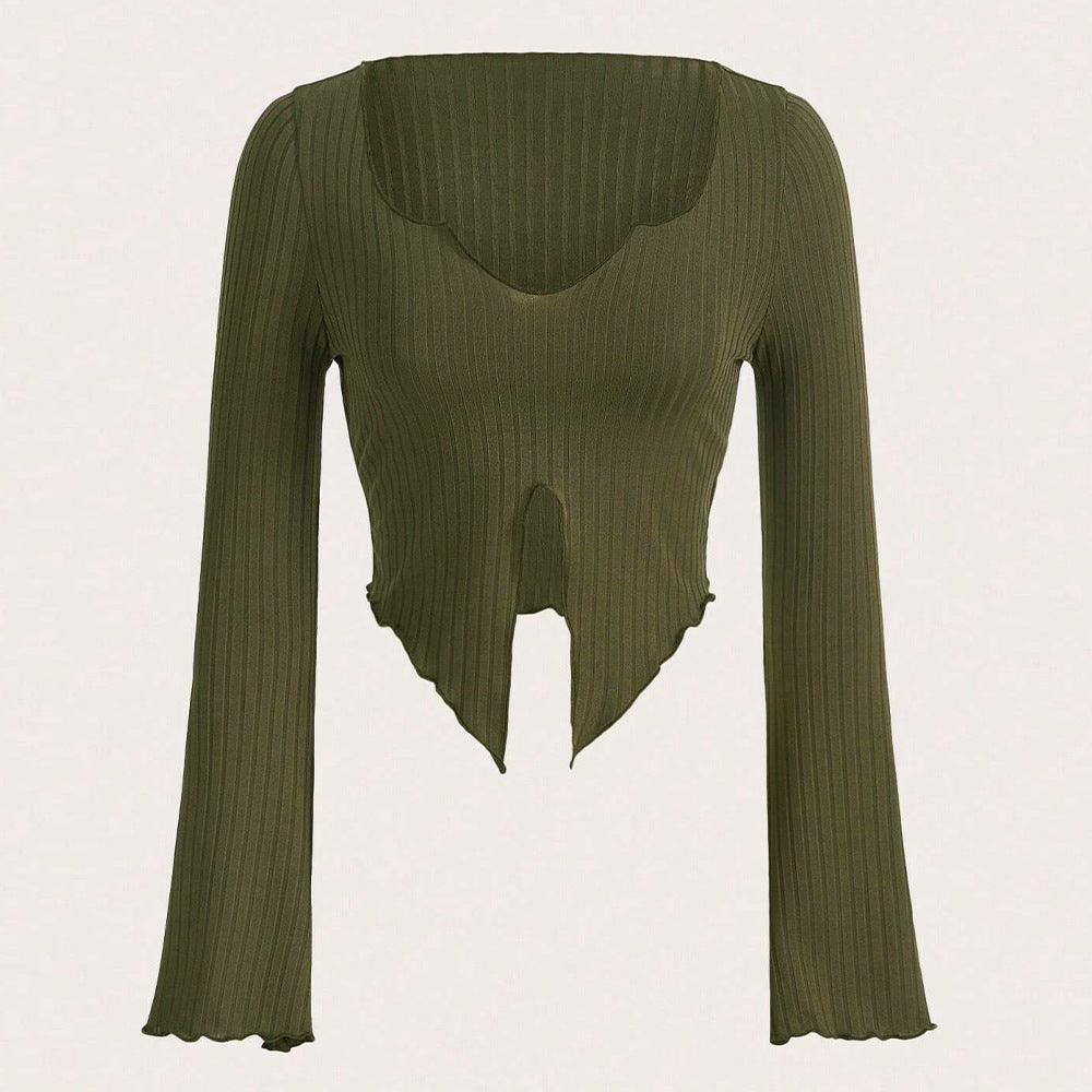 Chemise pour femme à manches longues cropped avec ourlet asymétrique et détails de volants à la mode Levoire