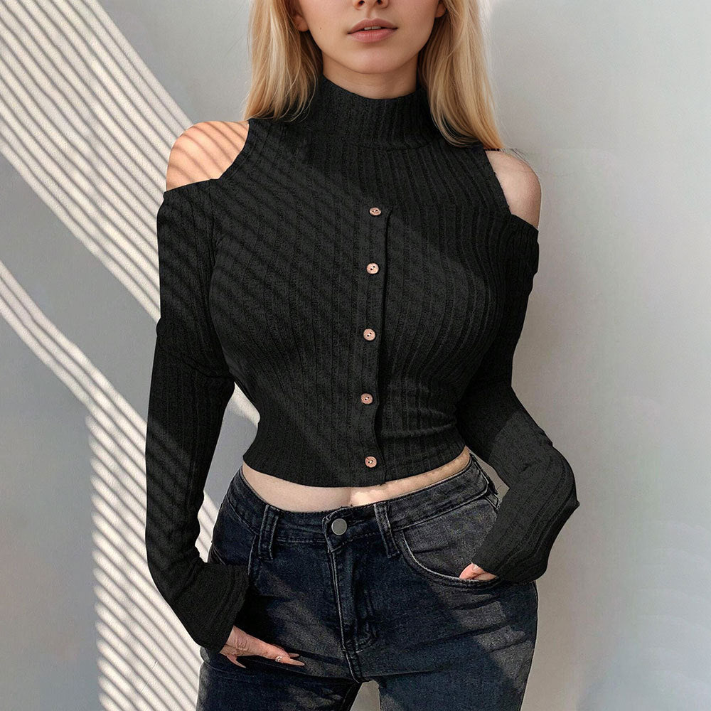Pull long à manches longues pour femmes, court, avec détails épaules dénudées et fermeture à boutons Levoire