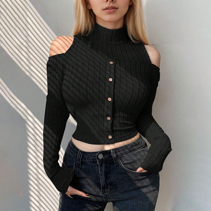 Pull long à manches longues pour femmes, court, avec détails épaules dénudées et fermeture à boutons Levoire