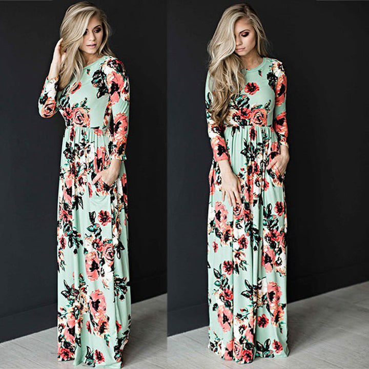 Levoire | Robe à fleurs Robe longue Robe à fleurs Jupe large Robe Vert Longue Manche