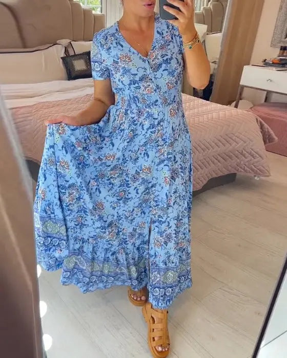 Levoire | Robe de plage V-col Imprimée style plage Bleu ciel