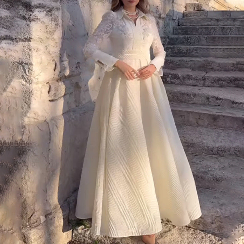 Levoire | Élégant Vintage Robe Longue à Manches Slim Blanc