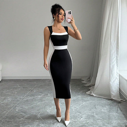 Robe midi ajustée pour femme avec coupe tendance contrastante et bretelles fines Levoire