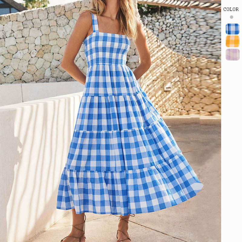 Robe maxi d'été pour femme avec motif à carreaux et coupe fluide Levoire
