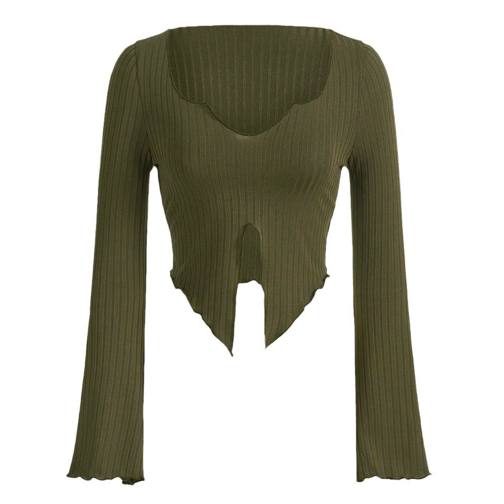 Chemise pour femme à manches longues cropped avec ourlet asymétrique et détails de volants à la mode Levoire
