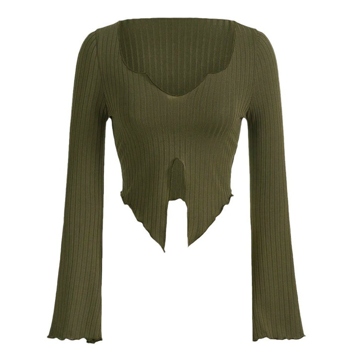 Chemise pour femme à manches longues cropped avec ourlet asymétrique et détails de volants à la mode Levoire