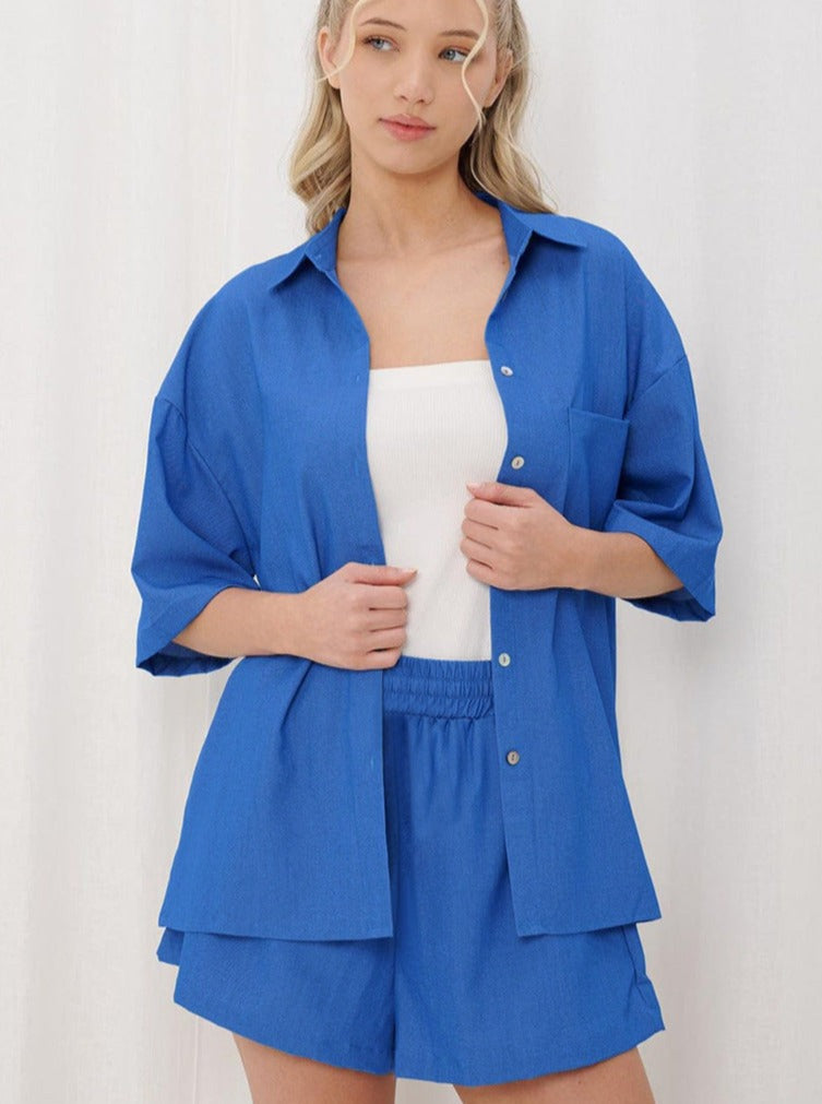 Levoire | Chemise Bleue À Col Avec Manches Courtes Et Shorts L