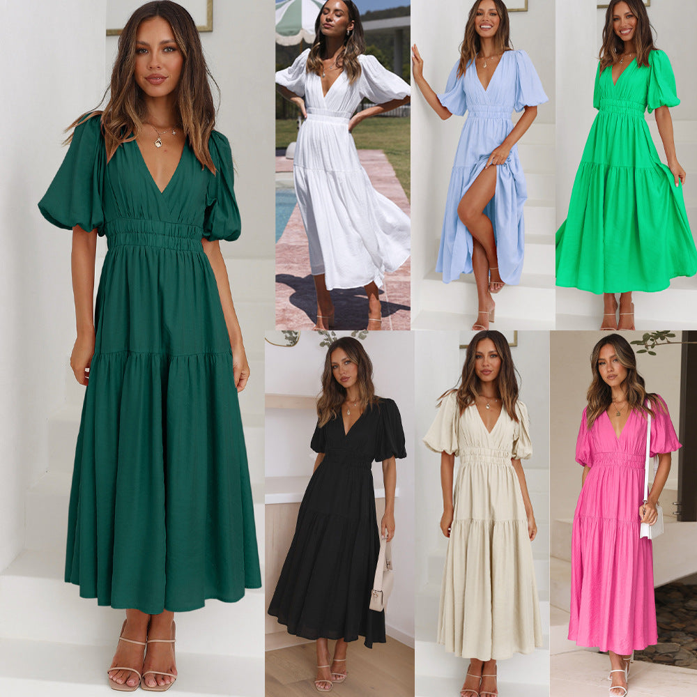 Robe maxi pour femmes avec décolleté en V profond et manches bouffantes volumineuses Levoire