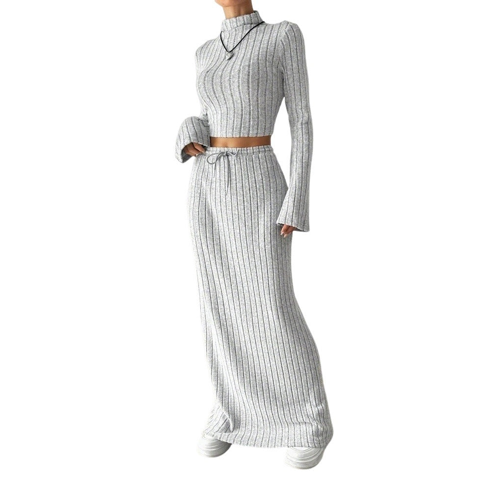 Ensemble crop top à manches longues pour femmes et jupe maxi avec texture côtelée élégante Levoire