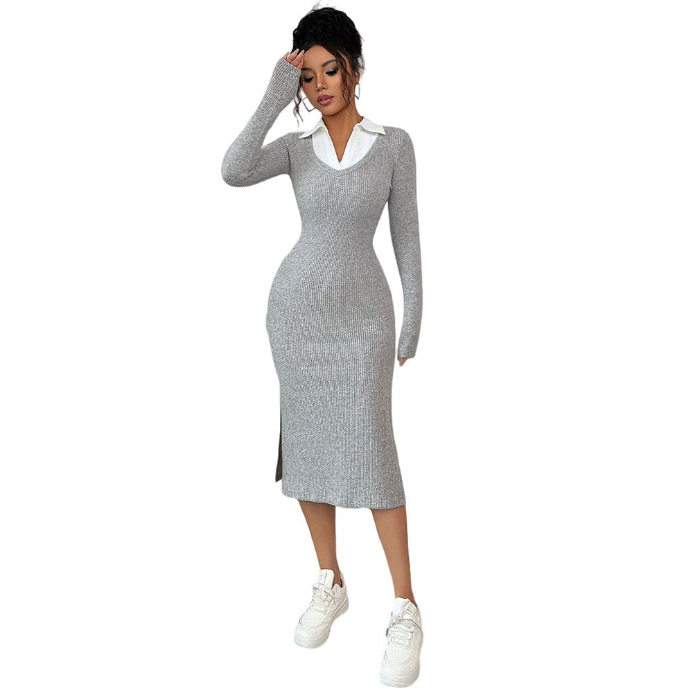 Robe longue ajustée pour femmes avec col polo tendance et fente sur le côté Levoire