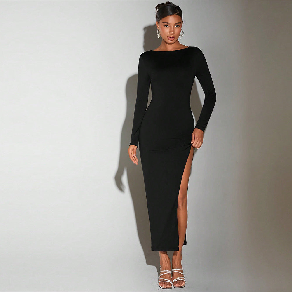 Robe Longue Femme avec Inscription Éblouissante sur le Côté et Fente Haute Levoire