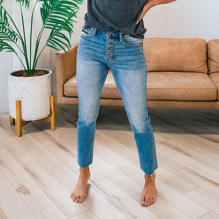 Jean femme taille haute avec insert à boutons et ourlet effiloché Levoire