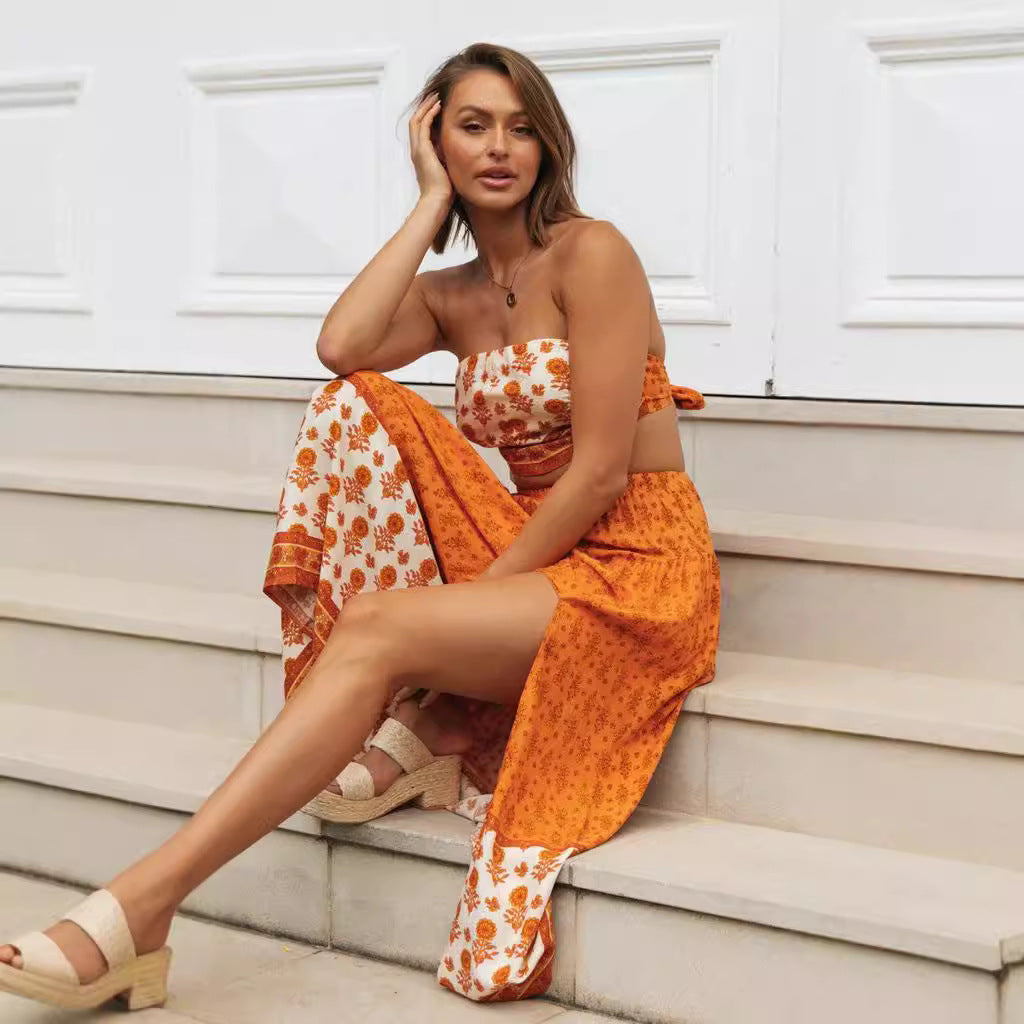 Ensemble femme deux pièces avec top bandeau et jupe maxi fluide Levoire