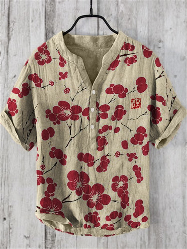 Levoire | Chemise Japonaise En Mélange De Lin Fleur de cerisier rouge