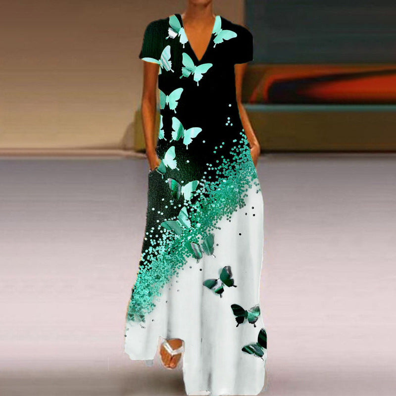 Levoire | Robe à encolure en V à manches courtes avec imprimé papillon élégant