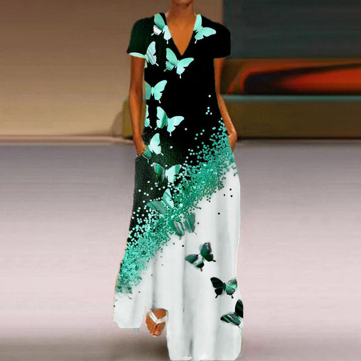 Levoire | Robe à encolure en V à manches courtes avec imprimé papillon élégant