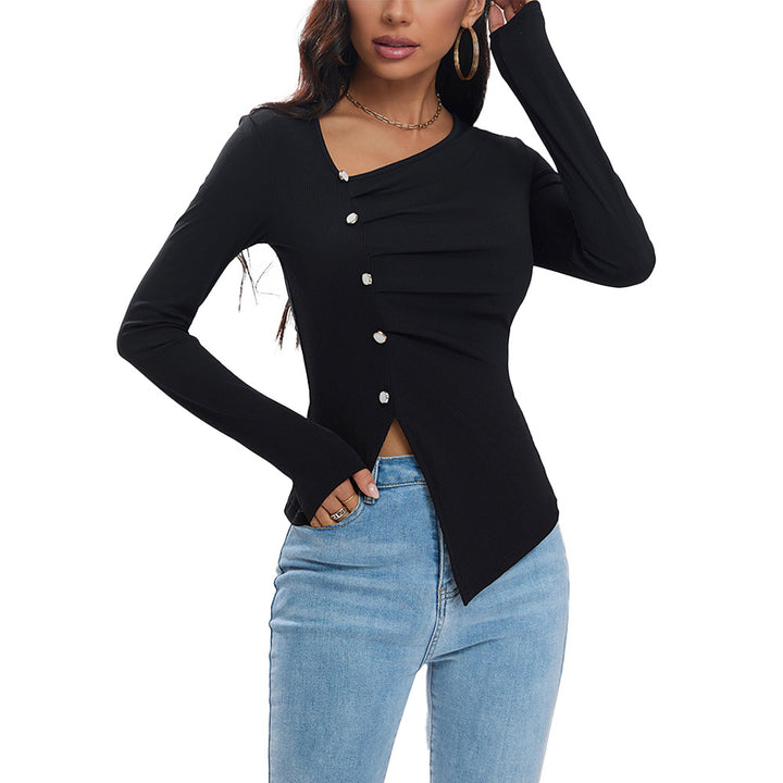 Chemise à manches longues pour femme avec design de boutons élégants et ourlet asymétrique Levoire