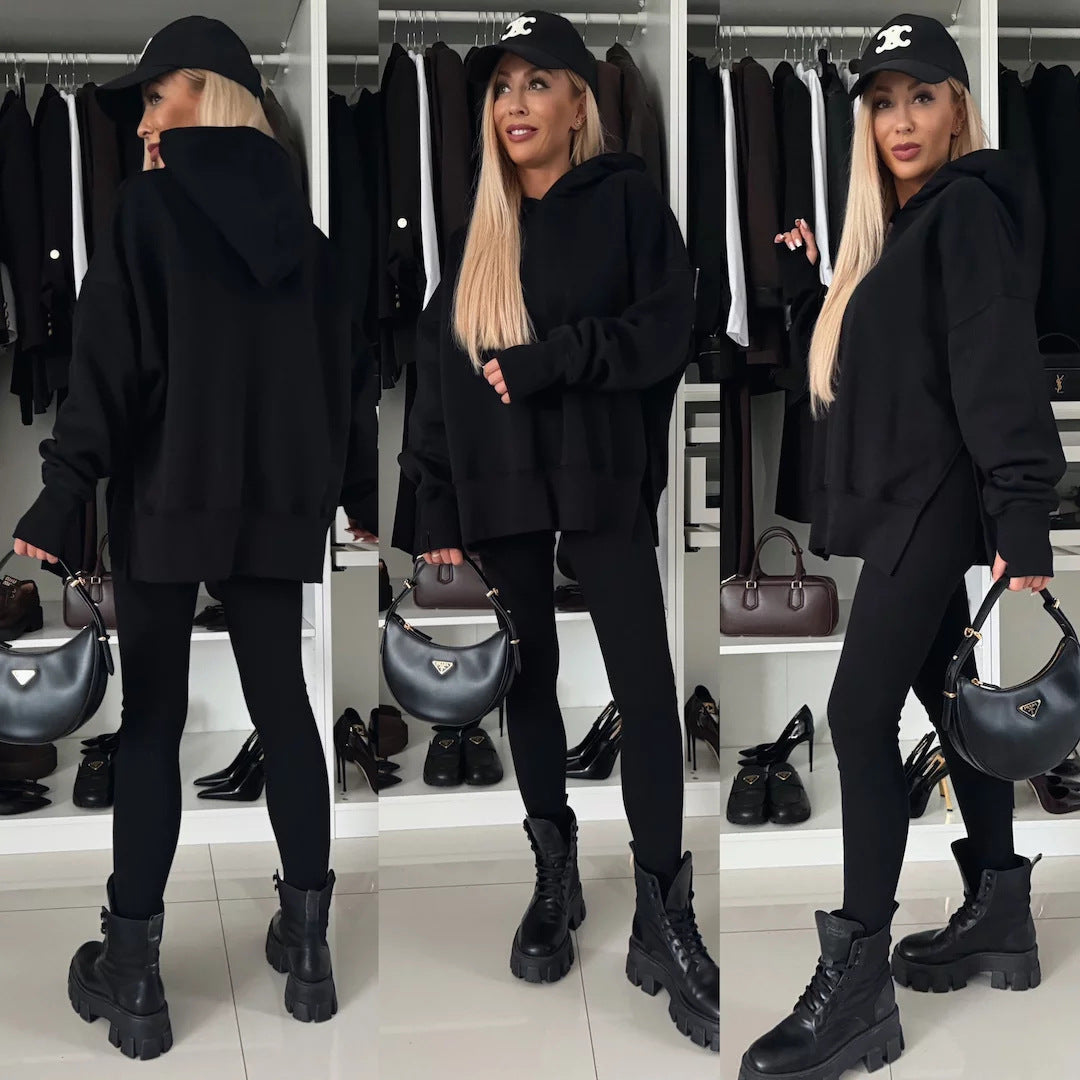 Levoire | Trendikampi uni couleur imprimé hoodie ensemble noir