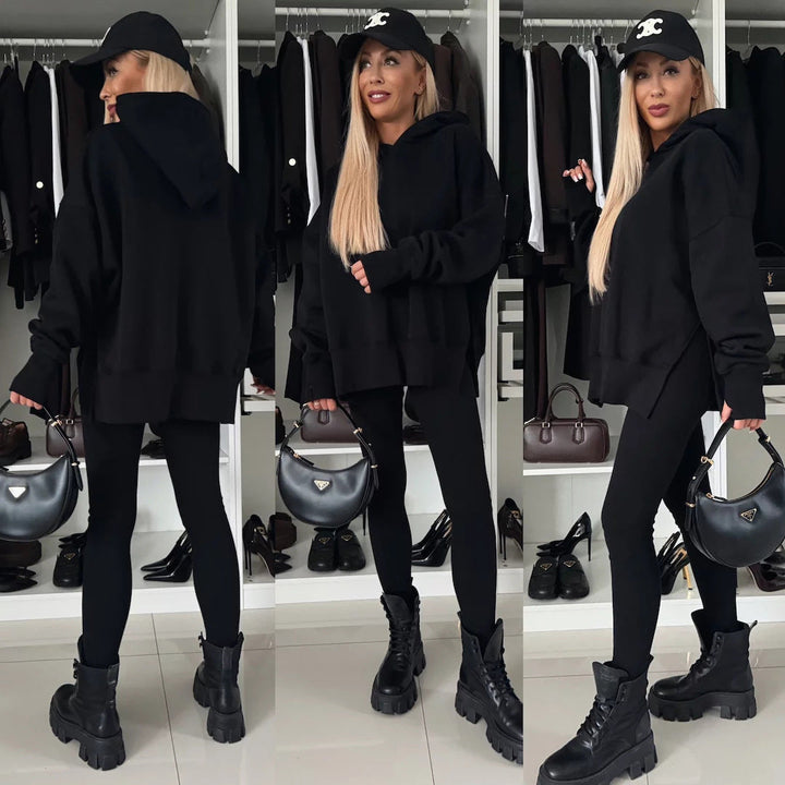 Levoire | Trendikampi uni couleur imprimé hoodie ensemble noir