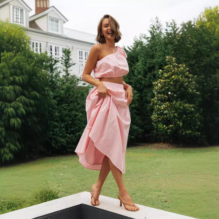Ensemble femme deux pièces avec haut asymétrique et jupe fluide Levoire