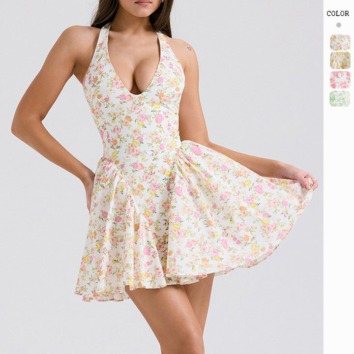 Robe mini florale pour femmes avec design à col halter et jupe évasée Levoire