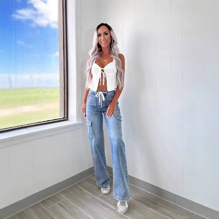 Jeans cargo pour femmes à jambe large et taille ajustable Levoire