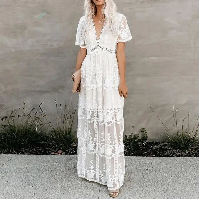 Levoire | Robe En Dentelle Blanche Avec Décolleté En V Blanc 3