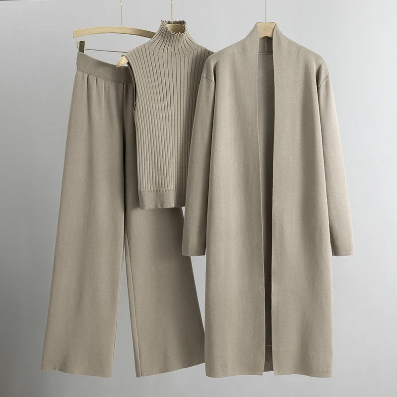 Levoire | Sans Manches Manteau En Tricot Long Pantalon Large Ensemble De Trois Beige Une taille pour tous