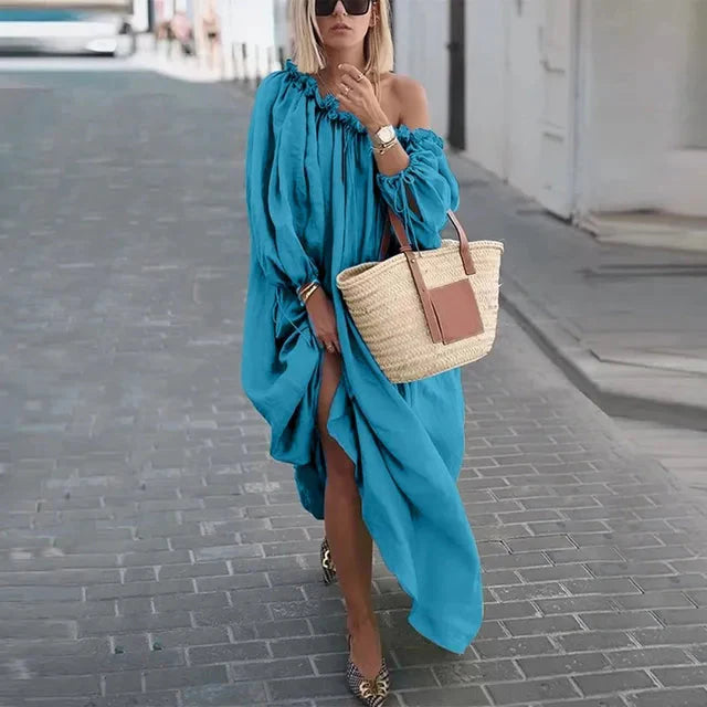 Levoire | Robe À Épaule Décontractée Coupe Larges Manches Robe Maxi Robe Boho Bleu