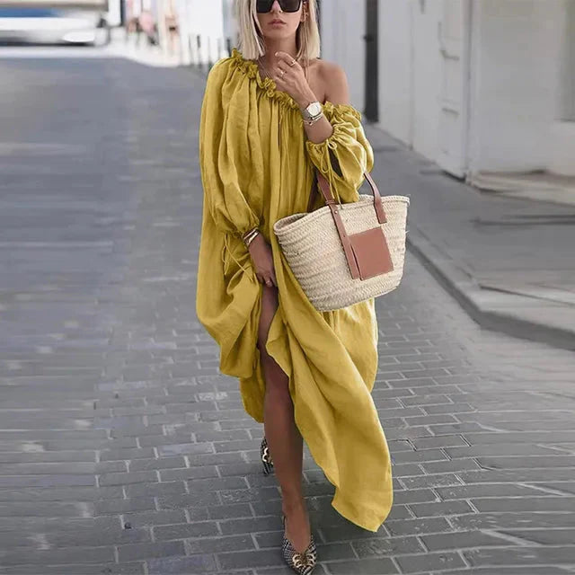 Levoire | Robe À Épaule Décontractée Coupe Larges Manches Robe Maxi Robe Boho Jaune