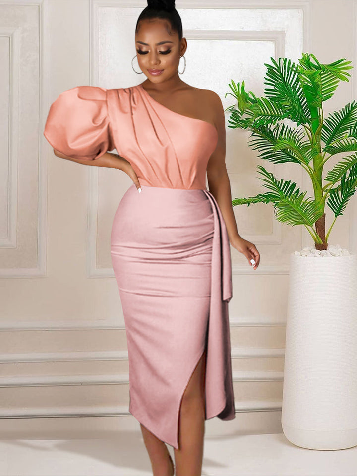 Levoire | Une Épaule Volants Plissés Fente Midi Robe Rosa